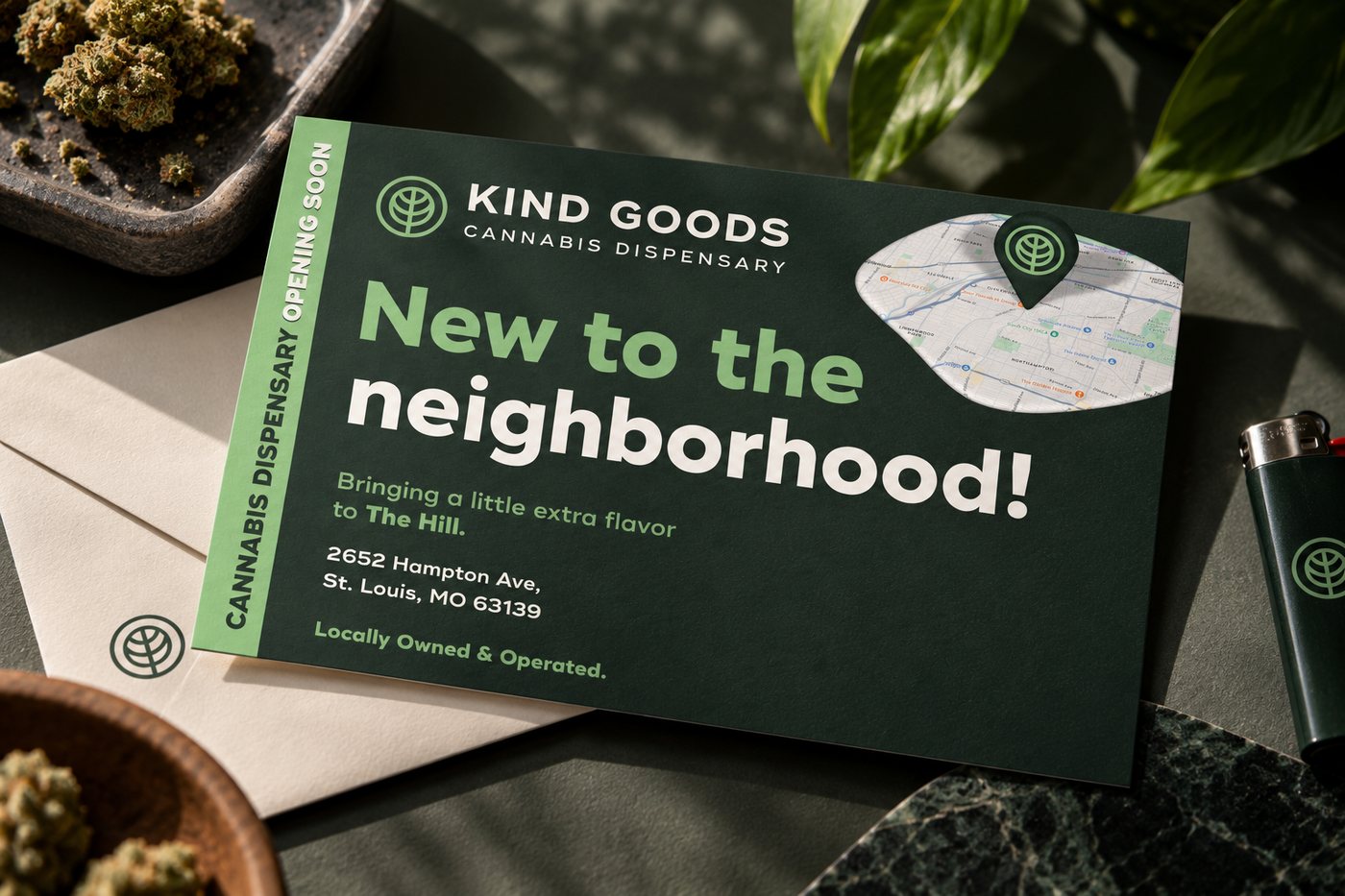 Kind Goods Dispensaries opening postcard