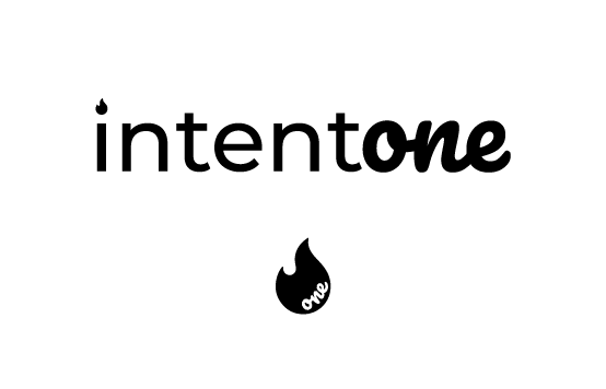 IntentOne logo option 2.A, hand-drawn wordmark with flame icon