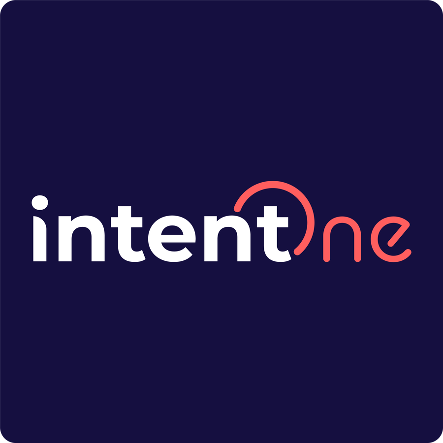 IntentOne secondary wordmark, white and coral, on deep purple
