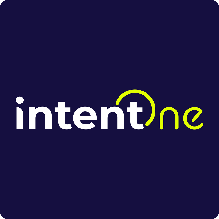 IntentOne primary wordmark, white and green, on deep purple