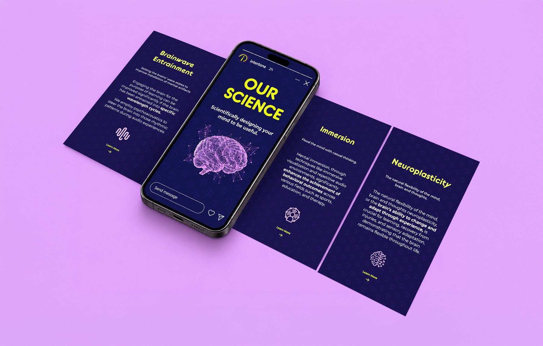 IntentOne social carousel posts on Our Science, Brainwave Entrainment, Immersion, and Neuroplasticity, shown on a phone mockup