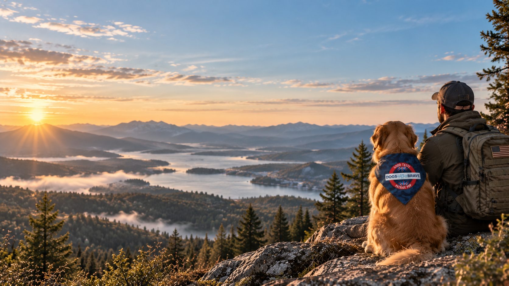 Veteran and service dog wearing the Good Taste x Dogs For Our Brave x Patriot Pop bandana, overlooking a mountain sunset